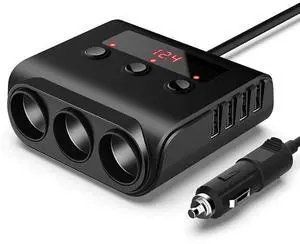 Car cigarette lighter with three functions, can charge 4 USB mobile phones. Comes with a digital display and independent switch. 120W power supply. Car cigarette lighter with three functions, can charge 4 USB mobile phones. Comes with a digital display and independent switch. 120W power supply.