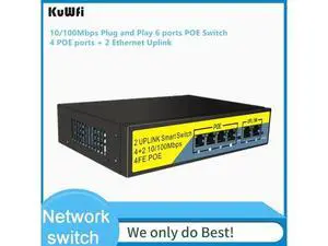 6 port /4 Port PoE Switch, 2 Port Uplink Power Over Ethernet 802.3af/at 78W, Unmanaged Metal Smart Network Switch 6 port /4 Port PoE Switch, 2 Port Uplink Power Over Ethernet 802.3af/at 78W, Unmanaged Metal Smart Network Switch