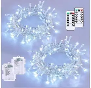 Christmas Lights Battery Operated 2 Pack Each 33ft 100 LED White String Lights Outdoor Waterproof 8 Modes Clear Wire Fairy Light Indoor with Remote Christmas Lights Battery Operated 2 Pack Each 33ft 100 LED White String Lights Outdoor Waterproof 8 Modes Clear Wire Fairy Light Indoor with Remote