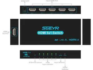 HDMI Switch 5x1 HDMI Switcher 5 in 1 Out HDMI Selector 5 Port Box with IR Remote Control HDMI 1.4 HDCP 1.4 Support 4K@30Hz Ultra HD 3D 2160P 1080P HDMI Switch 5x1 HDMI Switcher 5 in 1 Out HDMI Selector 5 Port Box with IR Remote Control HDMI 1.4 HDCP 1.4 Support 4K@30Hz Ultra HD 3D 2160P 1080P