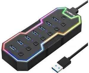 USB 3.0 Hub 7 Ports USB Expander with RGB LED Strip USB Hub for Laptop Individual LED On/Off Switches for Mac PC Desktop Flash Drive Mobile HDD USB 3.0 Hub 7 Ports USB Expander with RGB LED Strip USB Hub for Laptop Individual LED On/Off Switches for Mac PC Desktop Flash Drive Mobile HDD