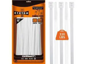 12 Inch White Zip Ties Heavy Duty 200 Pack 110 LBS Tensile Strength Self-Locking UV Resistant Cable Ties for Indoor and Outdoor Use 12 Inch White Zip Ties Heavy Duty 200 Pack 110 LBS Tensile Strength Self-Locking UV Resistant Cable Ties for Indoor and Outdoor Use