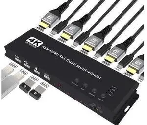 4 Ports KVM HDMI Quad Multi-viewer Switcher 4K HDMI Screen Divider Switcher with USB KVM 4 in 1 out Seamless switch for 4 PC 4 Ports KVM HDMI Quad Multi-viewer Switcher 4K HDMI Screen Divider Switcher with USB KVM 4 in 1 out Seamless switch for 4 PC