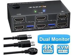 2 Port 4K @60Hz Dual Monitor HDMI KVM Switch with USB 3.0 Port Simulation EDID, USB HDMI Extended Display Switcher for 2 Computers Share 2 Monitors and 4 USB 3.0 Devices, with Wired Controller&Cables 2 Port 4K @60Hz Dual Monitor HDMI KVM Switch with USB 3.0 Port Simulation EDID, USB HDMI Extended Display Switcher for 2 Computers Share 2 Monitors and 4 USB 3.0 Devices, with Wired Controller&Cables
