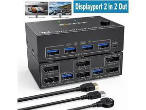 2 Port Dual Monitor DisplayPort KVM Switch 8K @30Hz 4K @60Hz, 2 in 2 Out Displayport KVM Switch for 2 PC 2 Monitors, KVM Switches with 4 USB 3.0 Ports, with DP + USB Cable and Desktop Controller 2 Port Dual Monitor DisplayPort KVM Switch 8K @30Hz 4K @60Hz, 2 in 2 Out Displayport KVM Switch for 2 PC 2 Monitors, KVM Switches with 4 USB 3.0 Ports, with DP + USB Cable and Desktop Controller