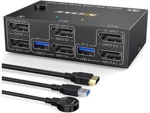 2 Ports Dual Monitor DisplayPort KVM Switch 8K @30Hz 4K @60Hz 2 in 2 Out, DP 1.4 KVM Switch and 4 USB 3.0 for 2 Computers, Backward Compatible DP1.2 with DP+USB Cables and Wired Controller included 2 Ports Dual Monitor DisplayPort KVM Switch 8K @30Hz 4K @60Hz 2 in 2 Out, DP 1.4 KVM Switch and 4 USB 3.0 for 2 Computers, Backward Compatible DP1.2 with DP+USB Cables and Wired Controller included