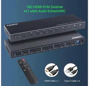 18G HDMI KVM Switcher 4 in 4 out USB 2.0 Output Ports Support Smart EDID Management and ARC Power Off Memory Function 18G HDMI KVM Switcher 4 in 4 out USB 2.0 Output Ports Support Smart EDID Management and ARC Power Off Memory Function
