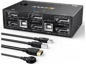 2 Port DP KVM Switch Dual Monitor DisplayPort 1.4 8K @30Hz 4K @144Hz 2 in 2 Out, DP1.4 KVM Switch and 4 USB HUBs for 2 Computers, Backward Compatible DP1.2 with DP+USB Cables and Wired Controller 2 Port DP KVM Switch Dual Monitor DisplayPort 1.4 8K @30Hz 4K @144Hz 2 in 2 Out, DP1.4 KVM Switch and 4 USB HUBs for 2 Computers, Backward Compatible DP1.2 with DP+USB Cables and Wired Controller