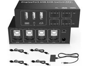 4 in 1 Out DisplayPort KVM Switch 4x1, 4 Port 4K @60Hz USB and DP Switch for 4 Computers Share Keyboard Mouse Printer Monitor for Laptop,PC, with 4X USB Cable,1x Switch Button Cable,1x Power Cable 4 in 1 Out DisplayPort KVM Switch 4x1, 4 Port 4K @60Hz USB and DP Switch for 4 Computers Share Keyboard Mouse Printer Monitor for Laptop,PC, with 4X USB Cable,1x Switch Button Cable,1x Power Cable