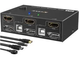 Monitor HDMI + Displayport KVM Switch 4K @60Hz 2K @120Hz, HDMI DP Extended Display Switcher for 2 Computers Share 2 Monitors and 4 USB 2.0 Ports, Wired Remote and 4 Cables Included Monitor HDMI + Displayport KVM Switch 4K @60Hz 2K @120Hz, HDMI DP Extended Display Switcher for 2 Computers Share 2 Monitors and 4 USB 2.0 Ports, Wired Remote and 4 Cables Included