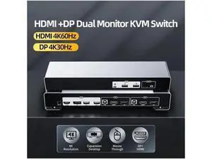 Monitor DisplayPort HDMI KVM Switch, 4K @60Hz 2-Port Extended Display 2 in 2 Out DP + HDMI KVM Switch 2 Monitors 2 Computers Displayport and HDMI, with 2 x USB Ports Monitor DisplayPort HDMI KVM Switch, 4K @60Hz 2-Port Extended Display 2 in 2 Out DP + HDMI KVM Switch 2 Monitors 2 Computers Displayport and HDMI, with 2 x USB Ports