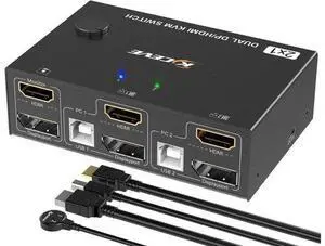 Monitor KVM Switch HDMI and DP 2 Port 4K @60Hz, Extended Display Switcher for 2 Computers Share 2 Monitors (1 Displayport and 1 HDMI) with 4 USB 2.0 Hub, Desktop Controller and USB HDMI DP Cables Monitor KVM Switch HDMI and DP 2 Port 4K @60Hz, Extended Display Switcher for 2 Computers Share 2 Monitors (1 Displayport and 1 HDMI) with 4 USB 2.0 Hub, Desktop Controller and USB HDMI DP Cables