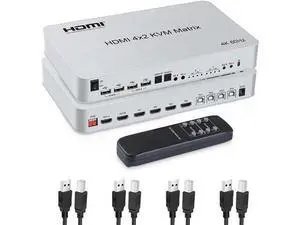 4x2 HDMI KVM Matrix Switcher, 4K@60Hz KVM Switch + Optical & L/R Audio Output, 4 HDMI2.0 Port + 4 USB2.0 Port, Share 4 Computer to Dual Monitor, Support Auto Scale, Audio Extractor with Remote Control 4x2 HDMI KVM Matrix Switcher, 4K@60Hz KVM Switch + Optical & L/R Audio Output, 4 HDMI2.0 Port + 4 USB2.0 Port, Share 4 Computer to Dual Monitor, Support Auto Scale, Audio Extractor with Remote Control