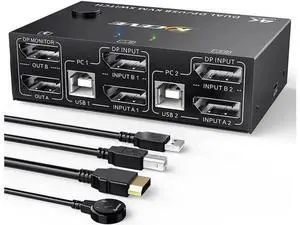 2 Port DP KVM Switch Dual Monitor DisplayPort 1.4 8K @30Hz 4K @144Hz 2 in 2 Out, DP1.4 KVM Switch and 4 USB HUBs for 2 Computers, Backward Compatible DP1.2 with DP+USB Cables and Wired Controller 2 Port DP KVM Switch Dual Monitor DisplayPort 1.4 8K @30Hz 4K @144Hz 2 in 2 Out, DP1.4 KVM Switch and 4 USB HUBs for 2 Computers, Backward Compatible DP1.2 with DP+USB Cables and Wired Controller
