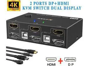 Monitor Displayport+HDMI KVM Switch 4K@60Hz,2K@120Hz, HDMI DP Extended Display Switcher USB KVM Switch for 2 Computers Share 2 Monitors and 4 USB 2.0 Ports,Wired Remote and 4 Cables Included Monitor Displayport+HDMI KVM Switch 4K@60Hz,2K@120Hz, HDMI DP Extended Display Switcher USB KVM Switch for 2 Computers Share 2 Monitors and 4 USB 2.0 Ports,Wired Remote and 4 Cables Included