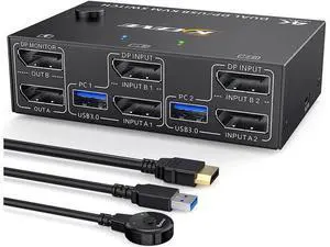 2 Ports Dual Monitor DisplayPort KVM Switch 8K @30Hz 4K @60Hz 2 in 2 Out, DP 1.4 KVM Switch and 4 USB 3.0 for 2 Computers, Backward Compatible DP1.2 with DP+USB Cables and Wired Controller included 2 Ports Dual Monitor DisplayPort KVM Switch 8K @30Hz 4K @60Hz 2 in 2 Out, DP 1.4 KVM Switch and 4 USB 3.0 for 2 Computers, Backward Compatible DP1.2 with DP+USB Cables and Wired Controller included