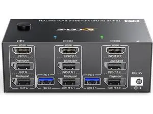 KVM Switch 3 Monitors 2 Computers 8K@60Hz 4K@144Hz, HDMI+2 Displayport KVM Switch Triple Monitor for 2 Computer Share 3 Monitor and 4 USB3.0 Port Keyboard Mouse,Wired Remote and 5 Cables Included KVM Switch 3 Monitors 2 Computers 8K@60Hz 4K@144Hz, HDMI+2 Displayport KVM Switch Triple Monitor for 2 Computer Share 3 Monitor and 4 USB3.0 Port Keyboard Mouse,Wired Remote and 5 Cables Included