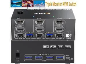 2 Displayport + HDMI 3 Monitor KVM Switch USB 3.0, 8K @60Hz 4K@144Hz Triple Monitor KVM Switch for 2 Computer Share 3 Monitor and 4 USB 3.0 Port Keyboard Mouse, Wired Remote and 5 Cables Included 2 Displayport + HDMI 3 Monitor KVM Switch USB 3.0, 8K @60Hz 4K@144Hz Triple Monitor KVM Switch for 2 Computer Share 3 Monitor and 4 USB 3.0 Port Keyboard Mouse, Wired Remote and 5 Cables Included