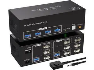 8K@60Hz HDMI KVM Switch 3 Monitors 2 Computers USB 3.0 KVM Switcher with 4 USB Ports Monitor Switch for 2 Computers Support Extended & Copy Mode Wired Controller 12V DC Adapter 2 USB Cables Included 8K@60Hz HDMI KVM Switch 3 Monitors 2 Computers USB 3.0 KVM Switcher with 4 USB Ports Monitor Switch for 2 Computers Support Extended & Copy Mode Wired Controller 12V DC Adapter 2 USB Cables Included