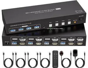 Dual Monitor KVM Switch HDMI+Displayport 4 Computers 2 Monitors 8K@60Hz 4K@120Hz 4 Port KVM Switches Support 4 PCs Share 4 USB Devices Support Copy and Extend Mode with External Accessories Dual Monitor KVM Switch HDMI+Displayport 4 Computers 2 Monitors 8K@60Hz 4K@120Hz 4 Port KVM Switches Support 4 PCs Share 4 USB Devices Support Copy and Extend Mode with External Accessories