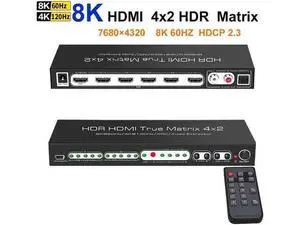 8K HDMI 2.1 Ture Matrix Switch 4x2, 4 in 2 Out HDMI2.1 Matrix HDMI Video Switcher Splitter + Optical & RAC Audio Output, Support 8K @60Hz 4K@120Hz HDR10 ARC HDCP2.3 with IR Remote Control 8K HDMI 2.1 Ture Matrix Switch 4x2, 4 in 2 Out HDMI2.1 Matrix HDMI Video Switcher Splitter + Optical & RAC Audio Output, Support 8K @60Hz 4K@120Hz HDR10 ARC HDCP2.3 with IR Remote Control