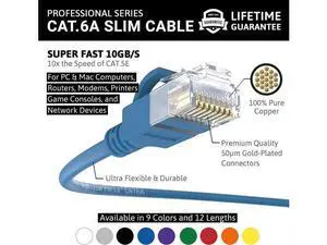 InstallerParts Ethernet Cable CAT6A Slim Cable UTP Booted 2 FT (10 Pack) - Blue - Professional Series - 10Gigabit/Sec Network/High Speed Internet Cable, 550MHZ, 28AWG InstallerParts Ethernet Cable CAT6A Slim Cable UTP Booted 2 FT (10 Pack) - Blue - Professional Series - 10Gigabit/Sec Network/High Speed Internet Cable, 550MHZ, 28AWG