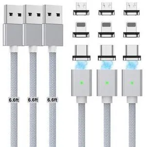 Magnetic Charging Cable 3A Fast Charging(3 Pack,6.6/6.6/6.6ft) 3 in 1 Magnetic Phone Charger with LED Light, Nylon Braided, for USB-C/Micro-USB Device (Silver, 6.6/6.6/6.6ft) Magnetic Charging Cable 3A Fast Charging(3 Pack,6.6/6.6/6.6ft) 3 in 1 Magnetic Phone Charger with LED Light, Nylon Braided, for USB-C/Micro-USB Device (Silver, 6.6/6.6/6.6ft)