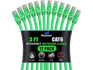 Maximm Cat 6 Ethernet Cable - 3 ft (12-Pack) - High-Speed LAN, Internet, Patch, and Network Cable - UTP, 10Gbps, 550MHz Ethernet Cord - Green Maximm Cat 6 Ethernet Cable - 3 ft (12-Pack) - High-Speed LAN, Internet, Patch, and Network Cable - UTP, 10Gbps, 550MHz Ethernet Cord - Green