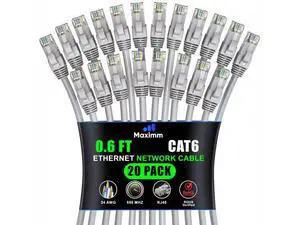 Maximm Cat 6 Ethernet Cable 0.6 ft (20-Pack) - High-Speed LAN Cable, Internet Cable, Patch Cable, and Network Cable - UTP, 10Gbps, 550MHz Ethernet Cord - Gray Maximm Cat 6 Ethernet Cable 0.6 ft (20-Pack) - High-Speed LAN Cable, Internet Cable, Patch Cable, and Network Cable - UTP, 10Gbps, 550MHz Ethernet Cord - Gray