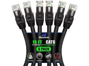 Maximm Cat 6 Ethernet Cable 15 ft (6-Pack) - High-Speed LAN Cable, Internet Cable, Patch Cable, and Network Cable - UTP, 10Gbps, 550MHz Ethernet Cord - Black Maximm Cat 6 Ethernet Cable 15 ft (6-Pack) - High-Speed LAN Cable, Internet Cable, Patch Cable, and Network Cable - UTP, 10Gbps, 550MHz Ethernet Cord - Black