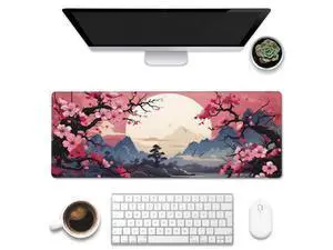 Eflxamz Pink Cherry Blossom Tree Desk Pad, Mountains and Sun Large Gaming Mouse Mat, Extended Big Computer Keyboard Pad With Non-Slip Base and Stitched Edge, 31.5"x11.8" Eflxamz Pink Cherry Blossom Tree Desk Pad, Mountains and Sun Large Gaming Mouse Mat, Extended Big Computer Keyboard Pad With Non-Slip Base and Stitched Edge, 31.5"x11.8"