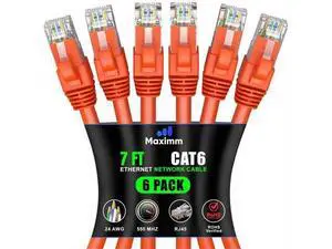 Maximm Cat 6 Ethernet Cable 7 ft (6-Pack) - High-Speed LAN Cable, Internet Cable, Patch Cable, and Network Cable - UTP, 10Gbps, 550MHz Ethernet Cord - Orange Maximm Cat 6 Ethernet Cable 7 ft (6-Pack) - High-Speed LAN Cable, Internet Cable, Patch Cable, and Network Cable - UTP, 10Gbps, 550MHz Ethernet Cord - Orange