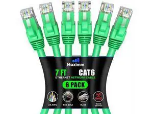 Maximm Cat 6 Ethernet Cable 7 ft (6-Pack) - High-Speed LAN Cable, Internet Cable, Patch Cable, and Network Cable - UTP, 10Gbps, 550MHz Ethernet Cord - Green Maximm Cat 6 Ethernet Cable 7 ft (6-Pack) - High-Speed LAN Cable, Internet Cable, Patch Cable, and Network Cable - UTP, 10Gbps, 550MHz Ethernet Cord - Green