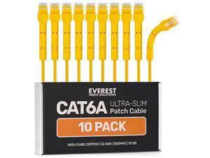 Everest Ultra Slim Cat6a Ethernet Patch Cables 0.5ft (10-Pack) Yellow - 6 Inch 10GB Cat 6a Patch Cable - Bendable, Flexible & Thin Ethernet Cable - 32AWG 550MHZ Cat6a Cables - 100% Copper Wires Everest Ultra Slim Cat6a Ethernet Patch Cables 0.5ft (10-Pack) Yellow - 6 Inch 10GB Cat 6a Patch Cable - Bendable, Flexible & Thin Ethernet Cable - 32AWG 550MHZ Cat6a Cables - 100% Copper Wires
