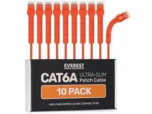 Everest Ultra Slim Cat6a Ethernet Patch Cables 2ft (10-Pack) Orange - 10GB Cat 6a Patch Cable - Bendable, Flexible & Thin Ethernet Cable - Space Saving 32AWG 550MHZ Cat6a Cables - 100% Copper Wires Everest Ultra Slim Cat6a Ethernet Patch Cables 2ft (10-Pack) Orange - 10GB Cat 6a Patch Cable - Bendable, Flexible & Thin Ethernet Cable - Space Saving 32AWG 550MHZ Cat6a Cables - 100% Copper Wires