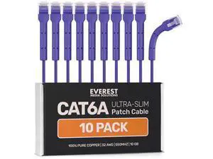Everest Ultra Slim Cat6a Ethernet Patch Cables 3ft (10-Pack) Purple - 10GB Cat 6a Patch Cable - Bendable, Flexible & Thin Ethernet Cable - Space Saving 32AWG 550MHZ Cat6a Cables - 100% Copper Wires Everest Ultra Slim Cat6a Ethernet Patch Cables 3ft (10-Pack) Purple - 10GB Cat 6a Patch Cable - Bendable, Flexible & Thin Ethernet Cable - Space Saving 32AWG 550MHZ Cat6a Cables - 100% Copper Wires