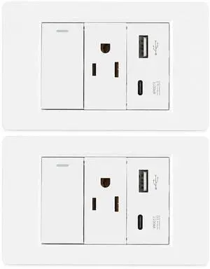 USB Outlet with Type C Port, 15A, Fast Charging 10W with Single Control Switch, 2 Pack for Home Office Wall Installation (US Plug) USB Outlet with Type C Port, 15A, Fast Charging 10W with Single Control Switch, 2 Pack for Home Office Wall Installation (US Plug)