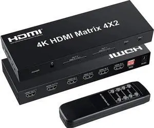 4x2 HDMI Matrix Switch,4 in 2 Out Matrix HDMI Video Switcher Splitter +Optical & L/R Audio Output, Support Ultra HD 4K x 2K,3D 1080P, Audio EDID Extractor with IR Remote Control & Power Adapter 4x2 HDMI Matrix Switch,4 in 2 Out Matrix HDMI Video Switcher Splitter +Optical & L/R Audio Output, Support Ultra HD 4K x 2K,3D 1080P, Audio EDID Extractor with IR Remote Control & Power Adapter