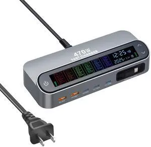 470W GaN PD Desktop Charger with Retractable Cable, 470W Digital Display Fast Charger, USB C Power Adapter with LED Screen for Laptop, Phone and Multiple Devices 470W GaN PD Desktop Charger with Retractable Cable, 470W Digital Display Fast Charger, USB C Power Adapter with LED Screen for Laptop, Phone and Multiple Devices