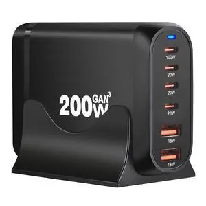 200W USB C Charger, 6 Ports USB C Fast Charging Station, GaN III PD QC Desktop Charger Block for Multiple Devices, Compatible with MacBook, DELL, Tablet iPad, iPhone, Samsung Galaxy, Black 200W USB C Charger, 6 Ports USB C Fast Charging Station, GaN III PD QC Desktop Charger Block for Multiple Devices, Compatible with MacBook, DELL, Tablet iPad, iPhone, Samsung Galaxy, Black