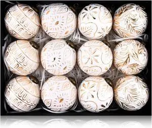 Vintage Christmas Ornaments for Tree Decorations - Rustic Christmas Ball Ornaments Gold White for Indoor Holiday Xmas Decor - 80mm 3.15inch, Pack of 12 Vintage Christmas Ornaments for Tree Decorations - Rustic Christmas Ball Ornaments Gold White for Indoor Holiday Xmas Decor - 80mm 3.15inch, Pack of 12