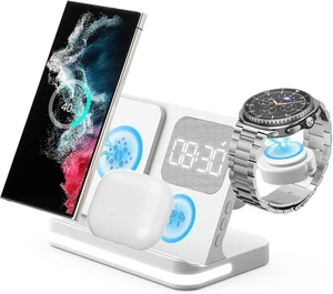 4 in 1 Wireless Charger with Alarm Clock Compatible for Samsung,Multiple Devices Charging Station for Galaxy Watch 8/Ultra/FE,Galaxy S26/S25/Note/Z Fold 8/8 Ultra,Z Flip 8/ Fold,Buds4(White) 4 in 1 Wireless Charger with Alarm Clock Compatible for Samsung,Multiple Devices Charging Station for Galaxy Watch 8/Ultra/FE,Galaxy S26/S25/Note/Z Fold 8/8 Ultra,Z Flip 8/ Fold,Buds4(White)