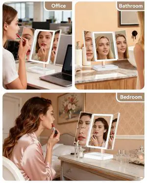 9 x 14 in Trifold Makeup Mirror with Lights, 1X/2X/3X, White 9 x 14 in Trifold Makeup Mirror with Lights, 1X/2X/3X, White