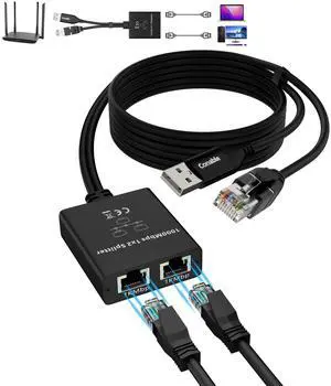 Gigabit Ethernet Splitter 1 to 2 Out Adapter, RJ45 Splitter with 6FT USB Power Cable and RJ45 Input Cable 3 in 1, Network Splitter 1 Male to 2 Female, 1K Mbps High Speed, Supports Cat5/5e/6/7/8 Cable Gigabit Ethernet Splitter 1 to 2 Out Adapter, RJ45 Splitter with 6FT USB Power Cable and RJ45 Input Cable 3 in 1, Network Splitter 1 Male to 2 Female, 1K Mbps High Speed, Supports Cat5/5e/6/7/8 Cable