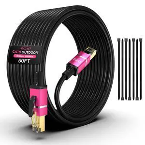 50FT Cat8 Outdoor Ethernet Cable, In-Ground, 26AWG Pure Copper Cat 8, Heavy Duty Direct Burial, LLDPE UV Jacket, Waterproof, 40Gbps 2000Mhz SFTP Patch Cord, POE, Network, Internet, with 25 Cable Ties 50FT Cat8 Outdoor Ethernet Cable, In-Ground, 26AWG Pure Copper Cat 8, Heavy Duty Direct Burial, LLDPE UV Jacket, Waterproof, 40Gbps 2000Mhz SFTP Patch Cord, POE, Network, Internet, with 25 Cable Ties