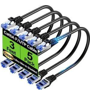 Cat6A Ethernet Cable Shielded 10Gbps 3 ft (5 Pack), Slim Shielded (F/UTP) Ethernet Cable Cat 6, Flexible 28AWG Bare Copper Cat6 Cable, Space-saving Cat 6a Network Cable for Server, Data Center, Black Cat6A Ethernet Cable Shielded 10Gbps 3 ft (5 Pack), Slim Shielded (F/UTP) Ethernet Cable Cat 6, Flexible 28AWG Bare Copper Cat6 Cable, Space-saving Cat 6a Network Cable for Server, Data Center, Black