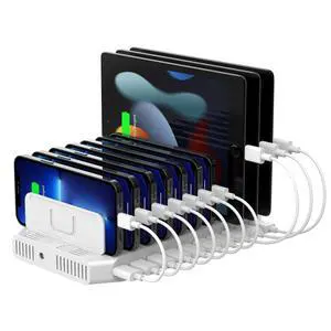 Multi Charging Station, 10-Port USB Charger for Multiple Device with SmartIC Tech and Adjustable Dividers, Organizer Stand Compatible with iPad, Tablet, Kindle, iPhone Multi Charging Station, 10-Port USB Charger for Multiple Device with SmartIC Tech and Adjustable Dividers, Organizer Stand Compatible with iPad, Tablet, Kindle, iPhone