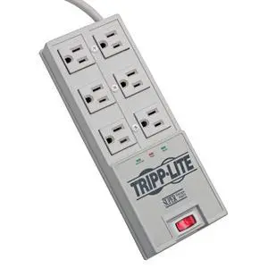 6 Outlet Surge Protector Power Strip, 6ft Cord, Right-Angle Plug, & $50,000 Insurance (TR-6) Grey 6 Outlet Surge Protector Power Strip, 6ft Cord, Right-Angle Plug, & $50,000 Insurance (TR-6) Grey