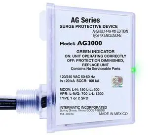 AG3000 HVAC Surge Protective Device, 120/240 VAC | UL Listed with TPMOV Technology, a Type 4X Outdoor Enclosure, and Dual LED Indicators Showing Protection Status AG3000 HVAC Surge Protective Device, 120/240 VAC | UL Listed with TPMOV Technology, a Type 4X Outdoor Enclosure, and Dual LED Indicators Showing Protection Status