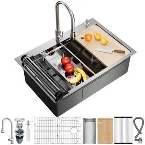 CAMMOO 33X22 Drop In Kitchen Sink, 304 Stainless Steel Workstation Sink, Pop-Up Drain, Upgraded Fast Drain & Anti-Clog, Topmount Single Bowl with Accessories, Foldable Grid for Easy Clean CAMMOO 33X22 Drop In Kitchen Sink, 304 Stainless Steel Workstation Sink, Pop-Up Drain, Upgraded Fast Drain & Anti-Clog, Topmount Single Bowl with Accessories, Foldable Grid for Easy Clean